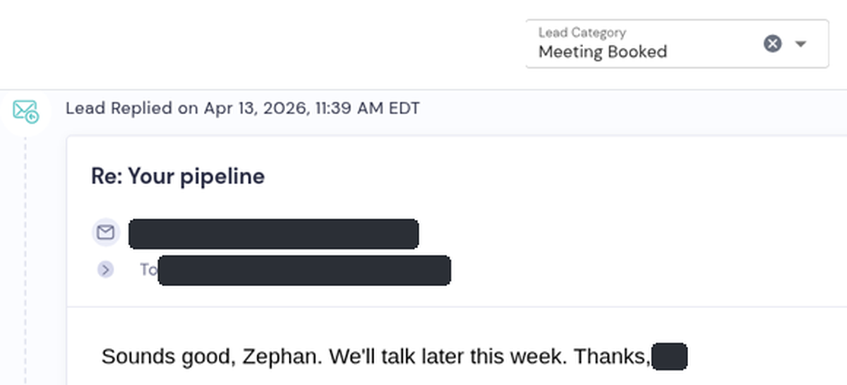 Smartlead inbox screenshot of a real prospect reply, details redacted