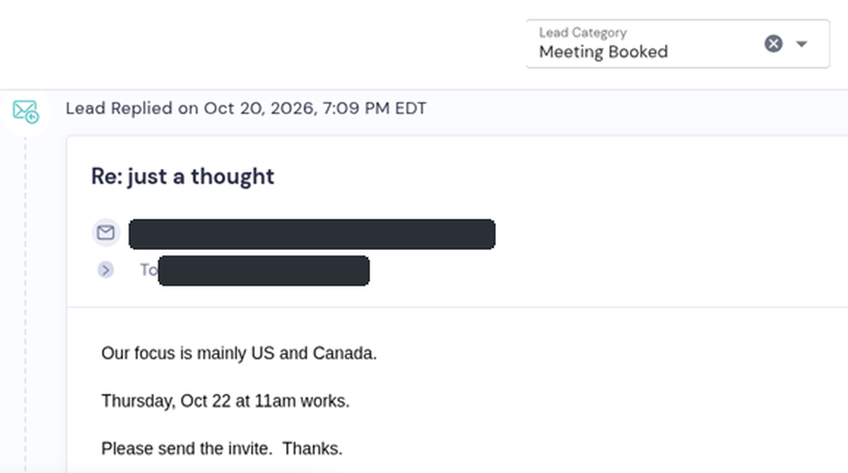 Smartlead inbox screenshot of a real prospect reply, details redacted