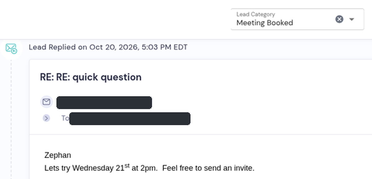 Smartlead inbox screenshot of a real prospect reply, details redacted