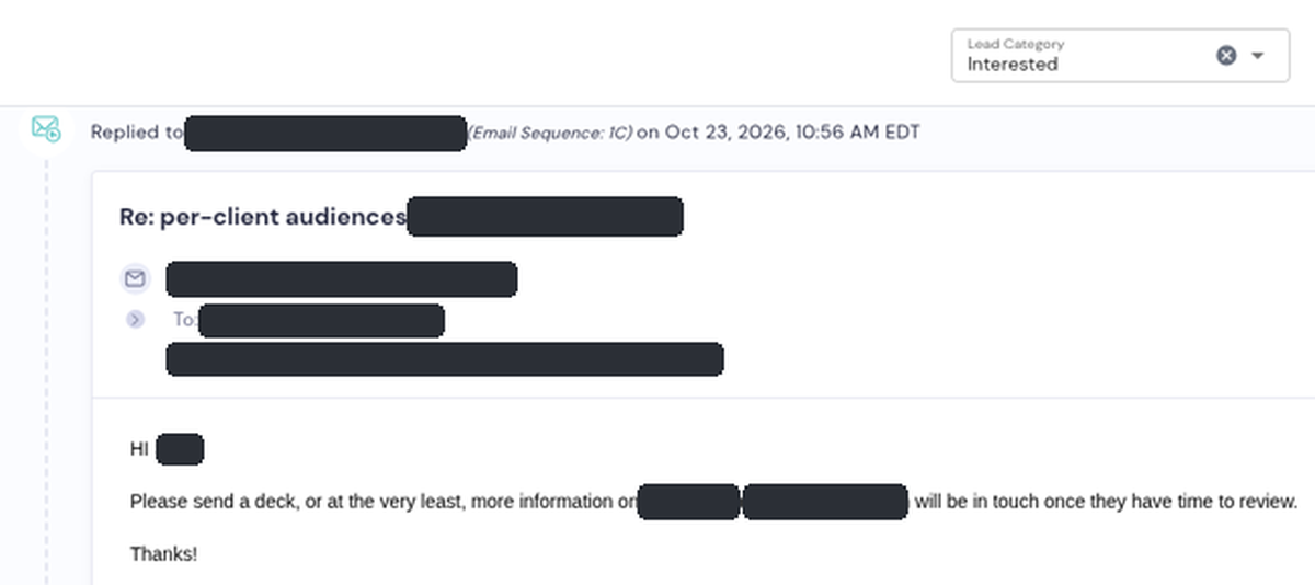 Smartlead inbox screenshot of a real prospect reply, details redacted